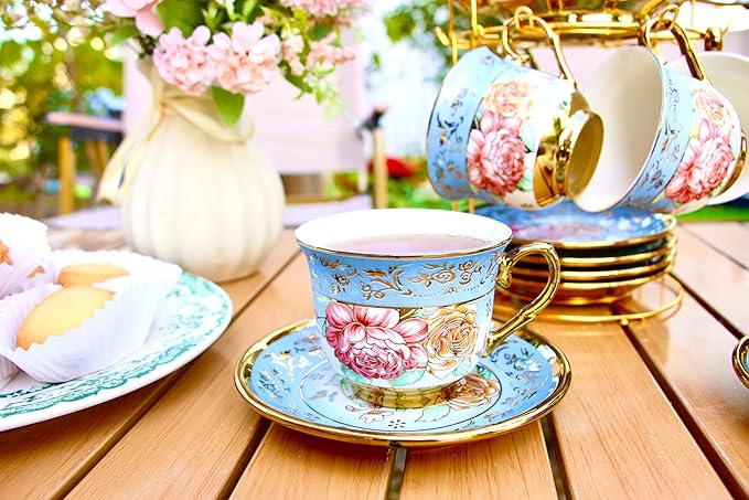 20 Pieces Porcelain Tea Set With Metal Holder, European Ceramic tea set for adults,Flower Tea Set,Tea Set For Women With Flower Painting - Bloomnest