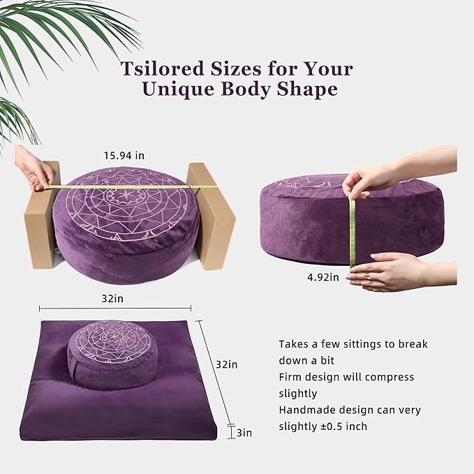 Zafu & Zabuton Meditation Cushion Set - Buckwheat Hull & Memory Foam Pillows, Ergonomic Support for Yoga, Mindfulness - Organic Velvet Cover, Large Size, Durable Comfort (Purple) - Bloomnest