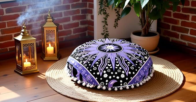 CRAFT KALA Large Round Bohemian Floor Pillow Pouf Cover Mandala Meditation Room Pillow Cover for Adults Boho Seating Poufs Cushion Cover for Kids Playroom 32" Round Purple Burning Sun - Bloomnest