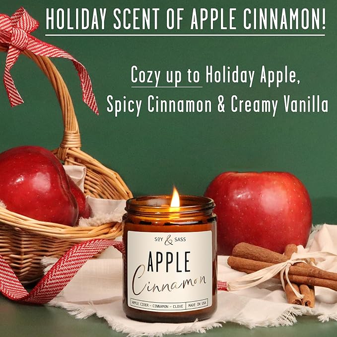 Apple Cinnamon Candles, Cinnamon Apple Candle - 'Apple Cinnamon' Infused w/Essential Oils I Scented Strong Soy Candles for Home for Christmas/Fall I Apple Pie Candle I 50Hr Burn, Made in USA - Bloomnest