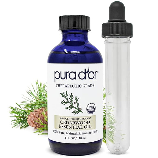 PURA D'OR Organic Cedarwood Essential Oil (4oz with Glass Dropper) 100% Pure & Natural Therapeutic Grade for Hair, Body, Skin, Aromatherapy Diffuser, Relaxation, Massage, Odors, Home, DIY Soap - Bloomnest