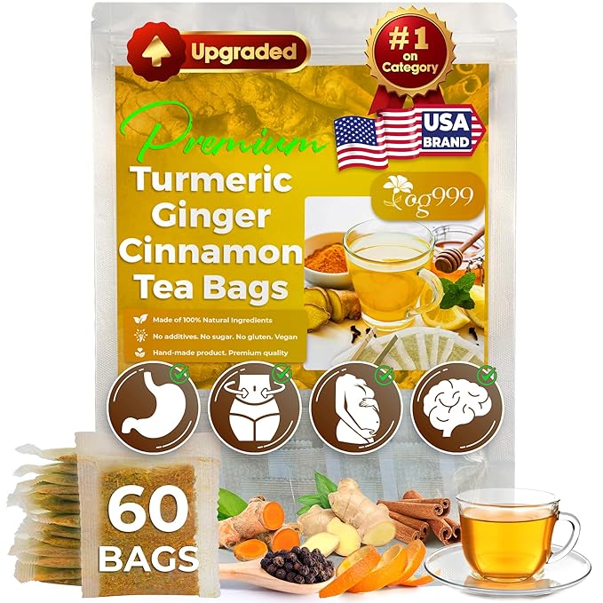TOG999, 60 Bags Premium Turmeric Ginger Cinnamon Tea. Upgraded Version. Improve Digestion, Support Brain, Weight, Skin and Sleep. Eco-Conscious Tea Bags. No Sugar, No Caffeine, No Gluten, Vegan. - Bloomnest