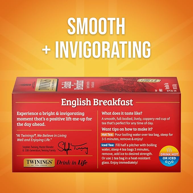 Twinings English Breakfast Black Tea Individually Wrapped Bags, 25 Count (Pack of 6), Flavourful, Robust Black Tea, Caffeinated, Enjoy Hot or Iced, 150 Teabags - Bloomnest