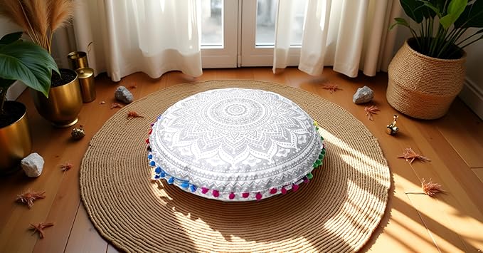 CRAFT KALA 32" Round Large Round Bohemian Floor Pillow Pouf Cover Mandala Meditation Room Pillow Cover for Adults Boho Seating Poufs Cushion Cover for Kids Playroom Silver Matellic Ombre - Bloomnest
