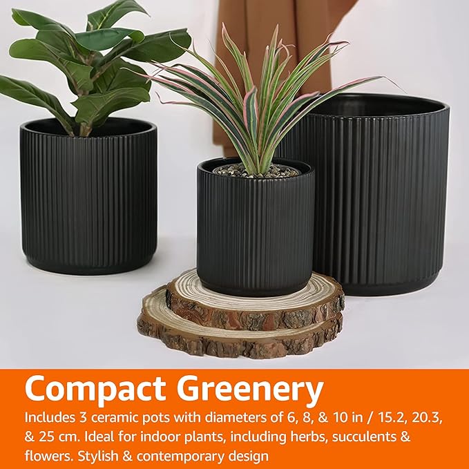 Amazon Basics Assorted Sizes Fluted Ceramic Round Planters, Set of 3, 6 inch, 8 inch, 10 inch, Black - Bloomnest