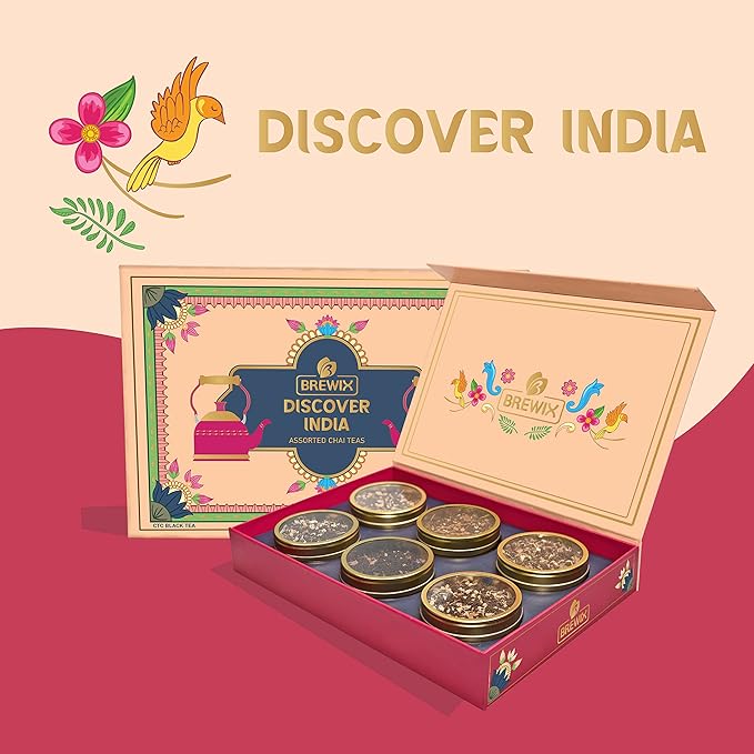BREWIX, Discover India Premium Black Tea Christmas Gift Box (6.34oz/90+ Cups) | Tea Gift Sets For Tea Lover | 6 Unique Chai Teas | Best for Birthdays, Anniversaries & Holidays - Bloomnest