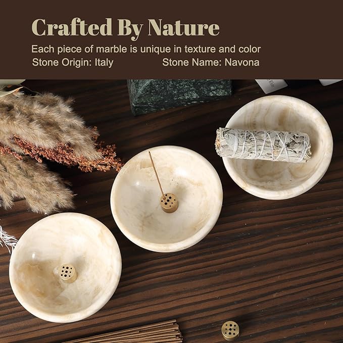 Koville Natural Marble Incense Holder, Incense Holder for Sticks with 9 Holes, Handmade Incense Burner Ash Catcher for Meditation Yoga SPA, Suit for Palo Santo/Sage/Cone(Ivory)