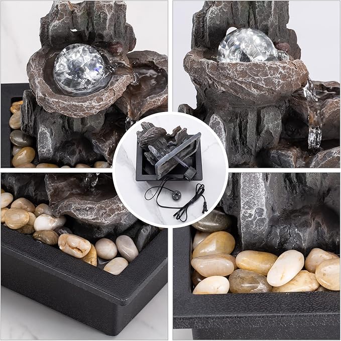 Tabletop Fountain Rotating Ball Rock Waterfall Fountain Office Tabletop Fountains for Home Office Decor Includes Many Natural River Rocks Decorated with Colorful Lights and Rolling Ball - Bloomnest
