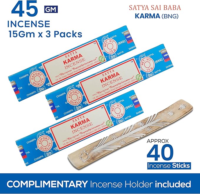 Satya Karma Incense Sticks, Satya Bng (Bangalore) Insenses 15gmx3 Pack with Raajsee Incense Holder Bundle, Satya Nagchampa Natural Incense - Bloomnest