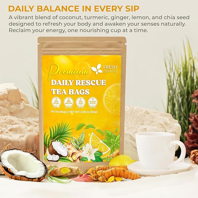 FreshDrinkUS, Premium 40 Tea Bags Daily Rescue Lemon Ginger Tea - 9 Superherbs – 100% Natural Ingredients, Tea Mix for Wellness Boost - Shelf-Stable, Caffeine-Free, Sugar-Free, Vegan - Bloomnest