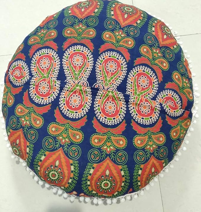 ICC 24" Orange Peacock Mandala Barmeri Large Floor Pillow Cover Cushion Meditation Seating Ottoman Throw Cover Hippie Decorative Zipped Bohemian Pouf Ottoman Pom Pom Cases 24" Round - Bloomnest