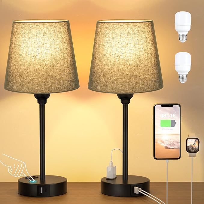 Acaxin Black Lamp for bedrooms Set of 2 - Nightstand Bedroom Lamp with USB C Port and AC Outlet Charging, 3 Way Dimmable Touch Control Bed Side Table Lamp, Small Night Stand Light for Men/Kids - Bloomnest