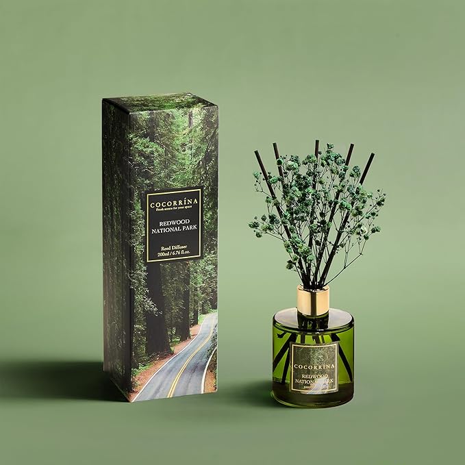 COCORRÍNA Reed Diffuser - Redwood National Park 6.7 Fl.oz Reed Diffuser Set with 8 Sticks & Preserved Baby's Breath, Reed Diffuser for Home Bathroom Shelf Decor - Bloomnest