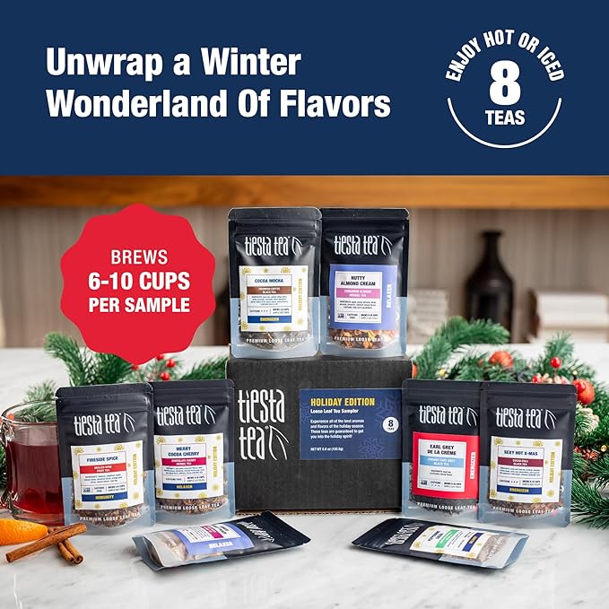 Tiesta Tea - Holiday Tea Sampler Dry Flight Set, Loose Leaf, High to No Caffeine Hot & Iced, Premium Brew Sample with Black, Herbal, Fruit & Hibiscus Blends, 8 Resealable Sample Pouches - Bloomnest