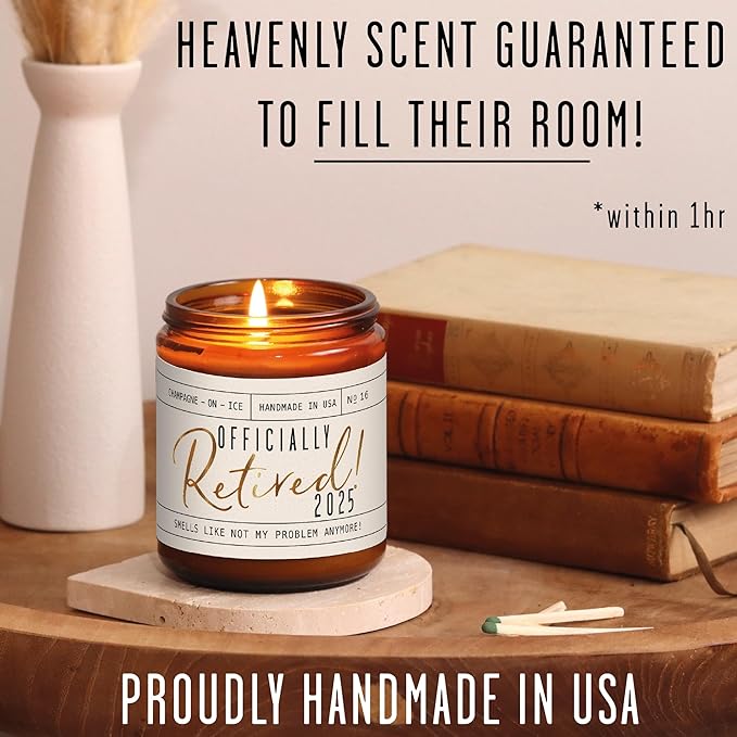 Retirement Gift for Woman - 'Officially Retired 2025' Candle, w/Champagne on Ice I Happy Retirement Gifts for Women 2025 I Retired Gifts for Women I 50Hr Burn, Made in USA - Bloomnest