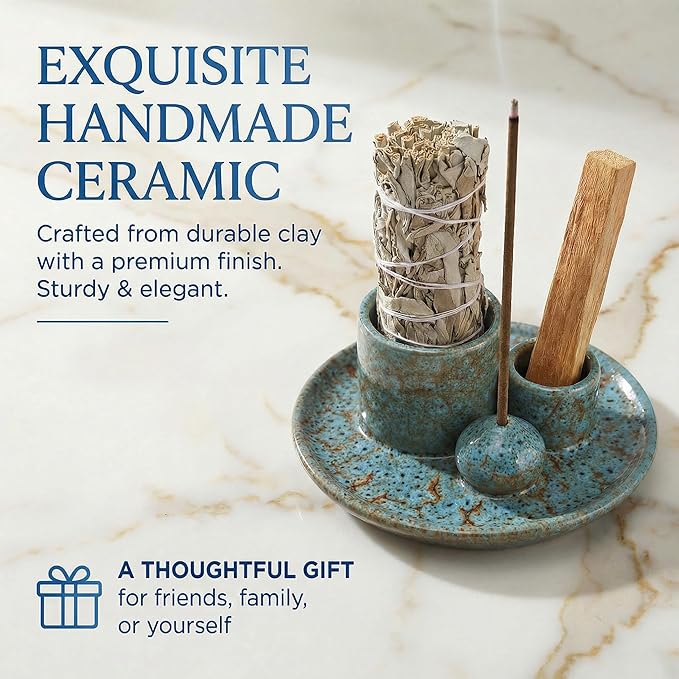 Palo Santo Sticks Holder, Multi-Purpose Handmade Ceramic Incense Burner for Palo Santo Incense Sticks, Sage Holder for Burning, Ash Catcher Tray for Meditation Yoga Room-Light Blue ToolSentryX