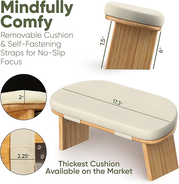 Meditation Chair w/ Extra Thick Cushion - Portable Bamboo Meditation Bench w/ Magnetic Locking Hinge - Anterior Tilt Seiza Bench Ideal for Comfortable & Stable Meditation - Sleek Canvas Kneeling Chair - Bloomnest