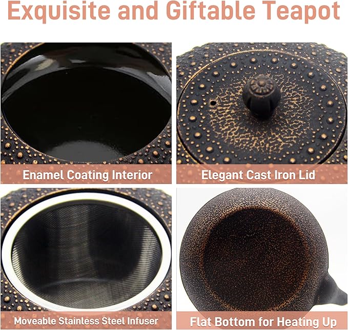 YJX 60.9oz Large Cast Iron Teapot for Stovetop Safe, 6 Cup Tea Kettle, Japanese Tetsubin, Teapot with Stainless Steel Infuser for Loose Tea, Tea Pot Enameled Interior (1.7QT/1.8L) - Bloomnest