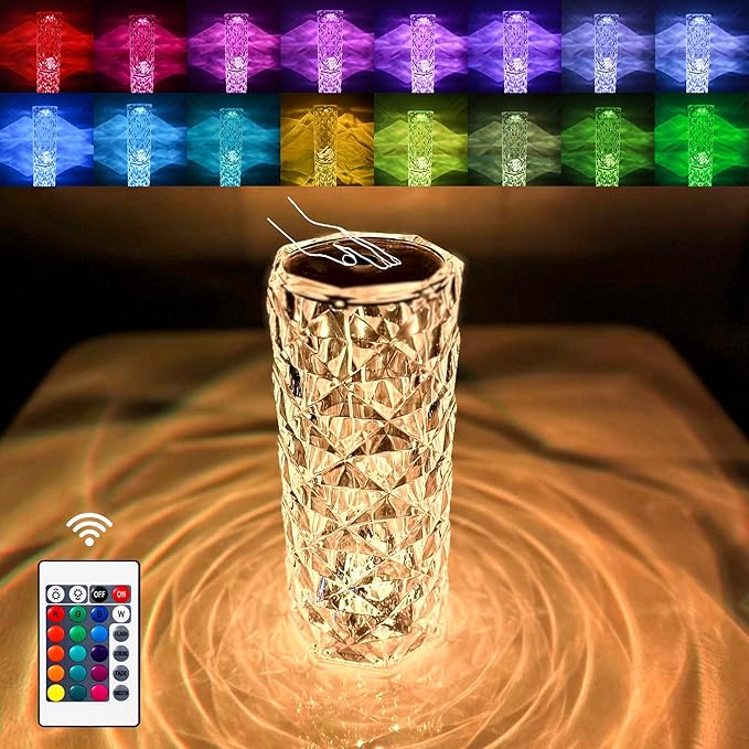 Crystal Touch Control Rose Lamp - 16 Color Dimmable LED Desk Lamp Light, Battery Operated Small Table Lamp for Bedroom with Remote Controller, Night Light, Gift for Mom Dad Wife - Bloomnest