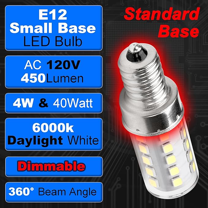 E12 Candelabra LED Light Bulbs Dimmable 4W Equivalent 40 Watt 450lm 6000K Bright Daylight White Candle Bulbs for Chandelier Pendant Dining Rooms Living Rooms Bedrooms Office, 4 Pack - Bloomnest