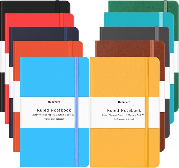 Huhuhero 10 Colors Lined Journal Notebook, A5 Hardcover Notebooks for Work, 120GSM Thick Paper, 128 Pages College Ruled Notebook for Writing Business Journaling, 5"×8.25" - Bloomnest