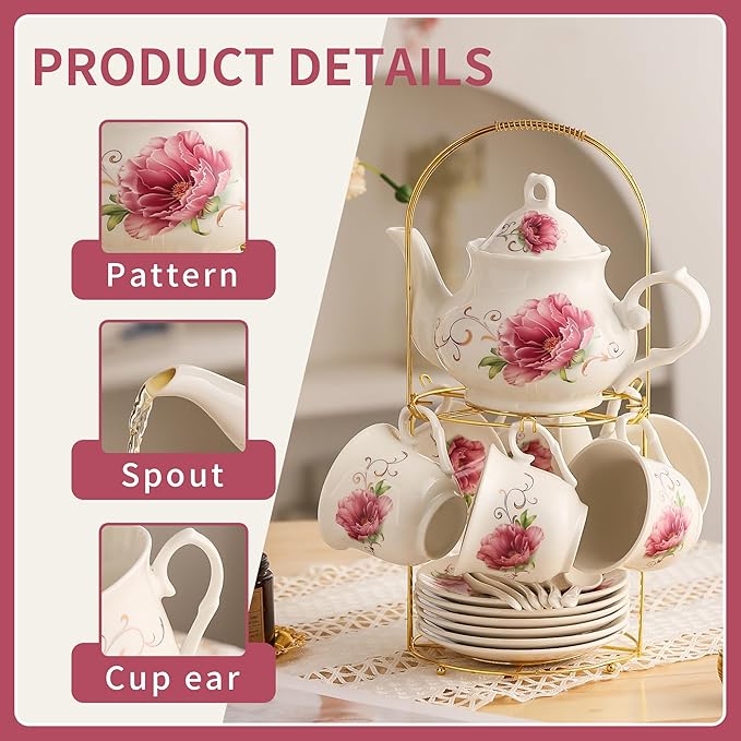 20-Pieces Tea Set For Adult with Golden Metal Rack,Porcelain Tea Sets For Women,Tea Gift Sets for Home&Party(015) - Bloomnest