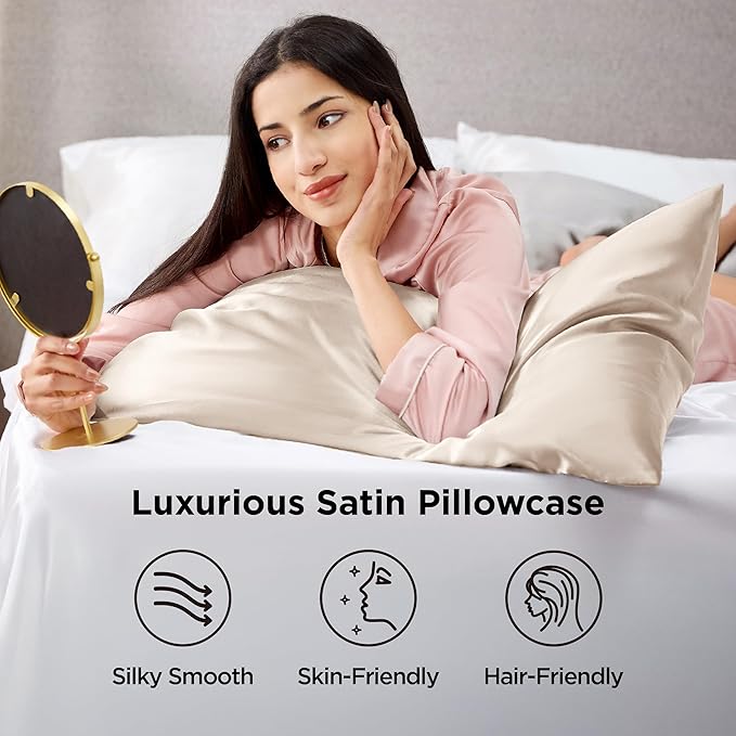 Bedsure Satin Pillowcase 2 Pack Similar to Silk Pillow Cases Standard Size, Pillow Case for Sleeping Women with Envelope Closure, Gifts for Women Men, Beige, 20x26 Inches, 2pcs - Bloomnest