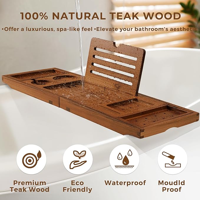 Teak Bathtub Tray, Luxury Bath Table Tray with Wine Glass and Phone Holders & Book Stand, Foldable Wooden Bathtub Caddy for Home Spa Relaxation, Bath Gift for Women（Natural Teak） - Bloomnest