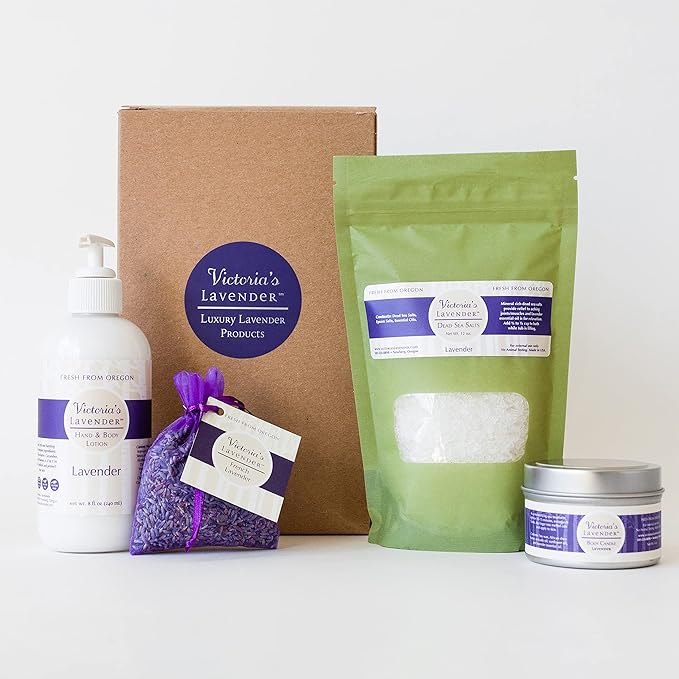 Victoria's Lavender Gift Basket for Women - Travel Massage Candle, Hand & Body Lotion, Bath Salts & Lavender Sachet, Skin Care, Beauty Products for Women, Body Wash Set, Spa Kit, Made in The USA - Bloomnest