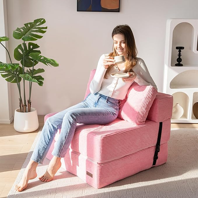 MAXYOYO Folding Sofa Bed, Convertible Sofa Bed with High-Density Support Foam, Portable 4 in 1 Fold Out Chair to Floor Lounger, Versatile Floor Couch for Living Room Bedroom, Pink - Bloomnest
