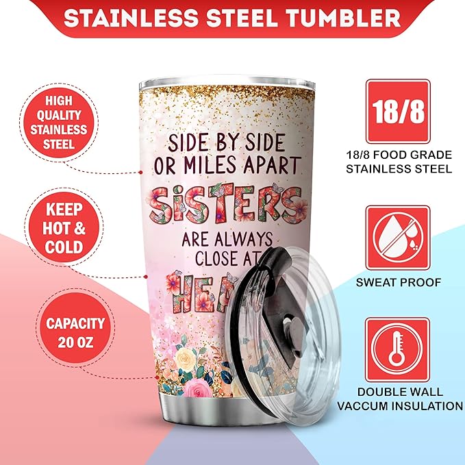 Always My Sister Forever My Friend Stainless Steel Tumbler 20 Oz Birthday Gifts For Sister Who Lives Far Away Flower Floral Coffee Cup With Lid Sisterhood Gift Ideas - Bloomnest