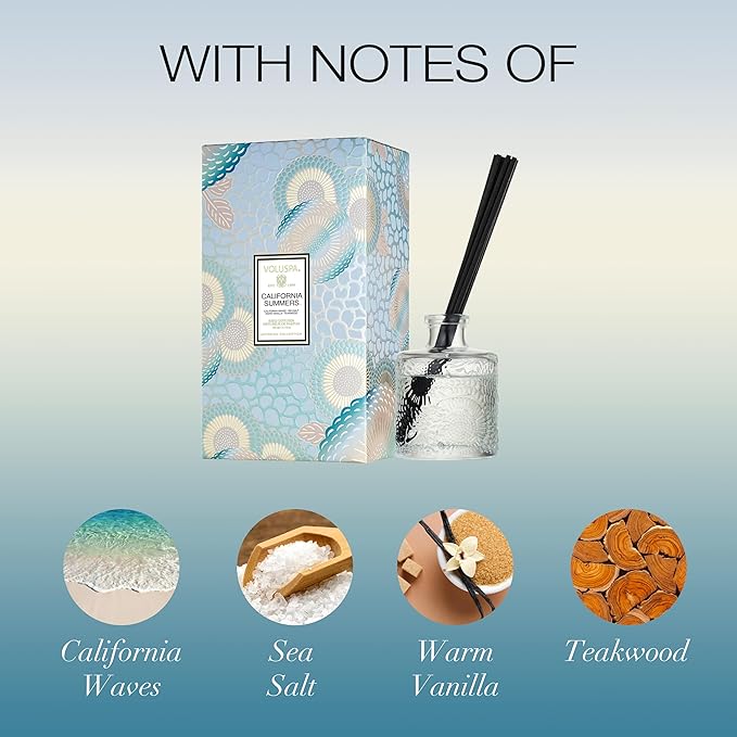 Voluspa California Summers Reed Diffuser Set, Scented Reed Diffuser, 3.4 oz, Oil Reed Diffusers for Home, Handcrafted in The USA Voluspa