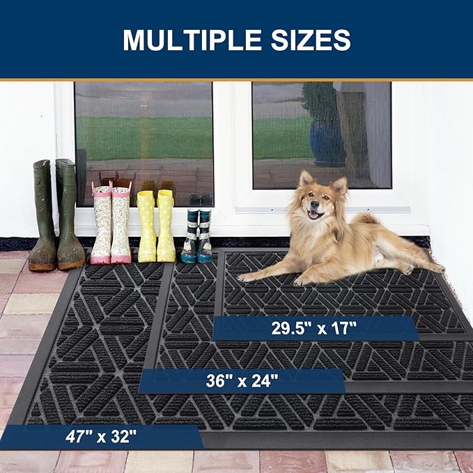 Smiry Front Door Mat Outside Entrance, Heavy Duty Sturdy Natural Rubber Doormat, Trap Dirt and Moisture, Easy Clean Low Profile Mats for Indoor Outdoor Entry, Grid Geometric (47x24, Black) - Bloomnest