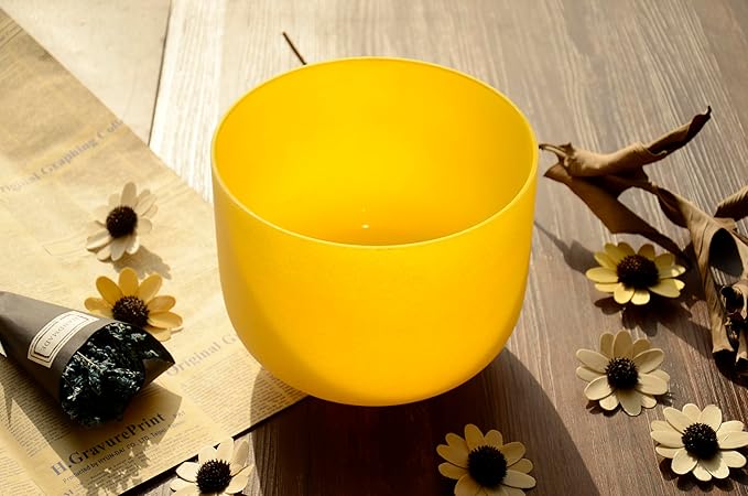 TOPFUND Yellow E Note Crystal Singing Bowl Solar Plexus Chakra 8 inch with Heavy Duty Carrying Case and Suede Mallet - Bloomnest