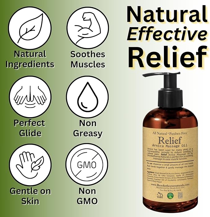 Relief Arnica Massage Oil – Great for Sports & Athletic Therapeutic Massage – All Natural - Arnica Montana for Sore Muscle Relief. Contains Sweet Almond, Jojoba, Grapeseed & Essential Oils 8oz - Bloomnest