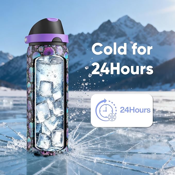 Insulated Water Bottle with Straw - Encool Stainless Steel Water Bottle with Push Button Lid, Leak-Proof & BPA-Free, Keeps Cold for 24 Hours for Sports, Travel, Gym (32 oz, Floral Afterlife) ENCOOL
