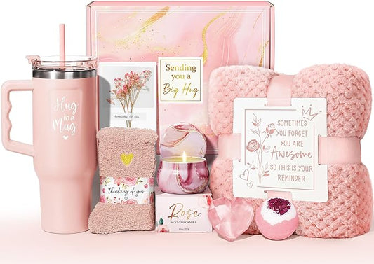 Birthday Gifts for Women Self Care Get Well Soon Gifts, Rose Relaxing Spa Kit Bath Gift Basket Care Package w/ Flannel Blanket 40 OZ Tumbler, Valentines Day Gift for Her Wife Mom Girlfriend Sister