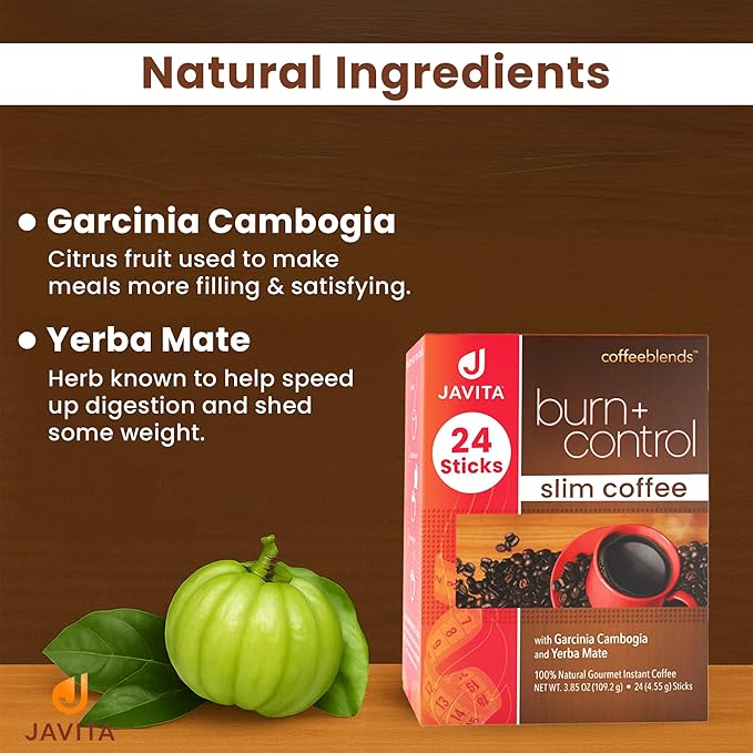 Javita Burn + Control Instant Coffee w Weight Management Herbs: Garcinia Cambogia & Yerba Mate - Slim Coffee with Help of Exercise, Keto Coffee for Diet Support, 1 box - 24 (4.55g) Sticks - Bloomnest