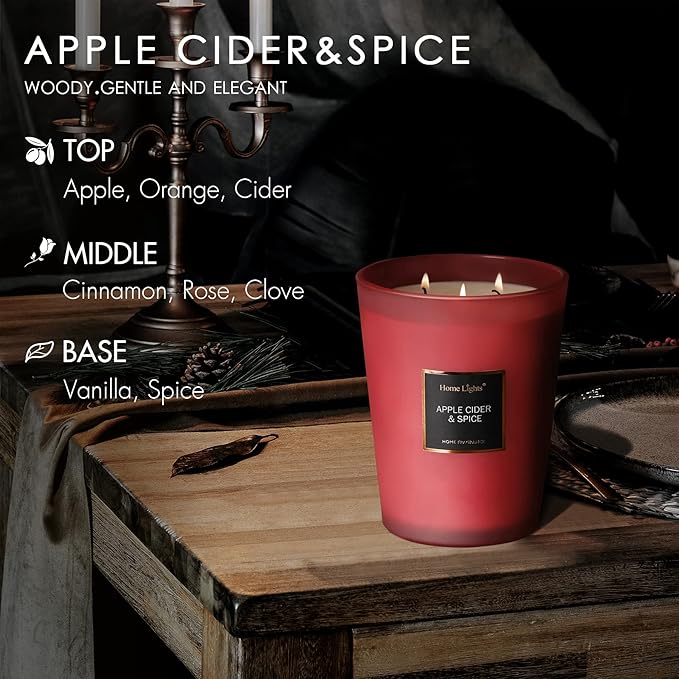 HomeLights Highly Scented Candles, Big 33.3 oz for Home, Natural Soy Aromatherapy Candles, Smokeless Long Lasting 130h with 3 Cotton Wicks, Candles Gifts for Women & Men - Apple Cider & Spice - Bloomnest