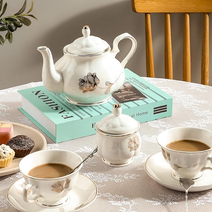 CHENP.HMC Porcelain Ceramic 22-Piece Tea Set, Teapot and Cup Set, 30.7 Ounces, for 6, Gift Sets, Tea or Coffee Lovers, Wedding, Birthday - Bloomnest