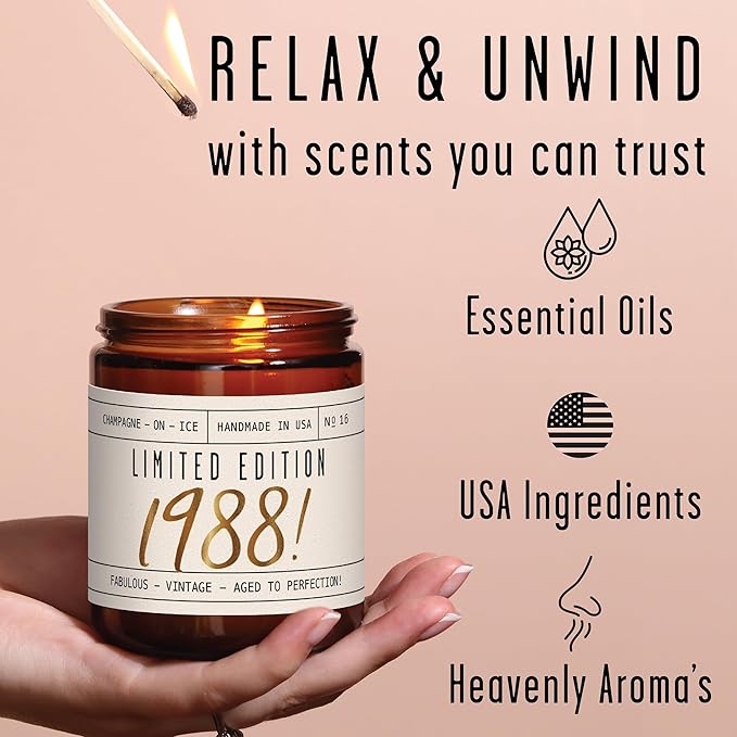 37th Birthday Gifts for Women - 'Limited Edition 1988' Soy Candle, w/Champagne on Ice I 37 Birthday Gifts for Women I 37th Gift for Her Ideas I 9oz Reusable Jar, 50Hr Burn, Made in USA - Bloomnest