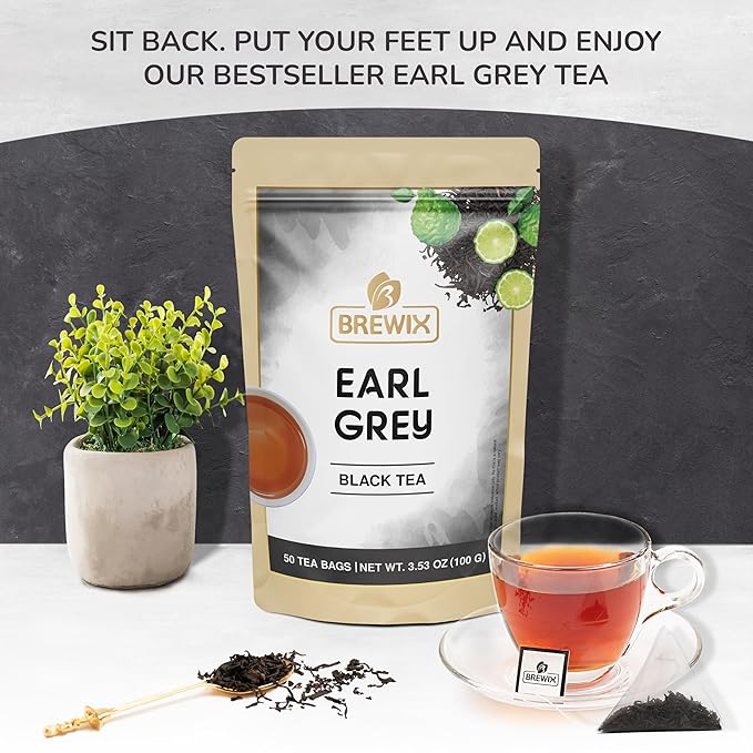 BREWIX, Earl Grey Black Tea Bags (50 Pyramid Bags) Bold & Aromatic Tea with Bergamot | Gluten Free, Energizing & Caffeinated | Sugar-Free, High Caffeine | Gourmet Tea - Bloomnest