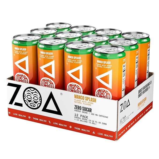 ZOA Zero Sugar Energy Drinks, Mango Splash - Sugar Free with Electrolytes, Healthy Vitamin C, Amino Acids, Essential B-Vitamins, and Caffeine from Green Tea - 12 Fl Oz (Pack of 12) - Bloomnest