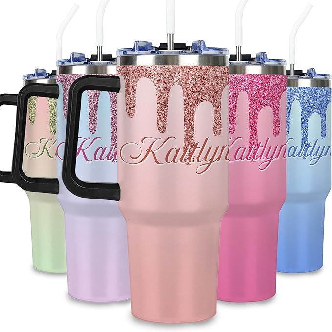 Personalized Glitter Tumbler with Handle and Straw Lid, Custom 40 Oz Cup with Name for Women, Customized Stainless Steel Travel Coffee Tumbler, Personalized Gifts for Birthday Christmas Anniversary - Bloomnest