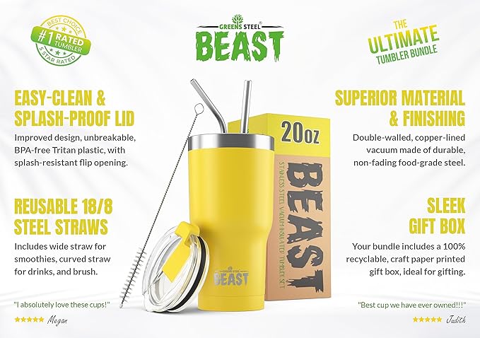 Beast 20 oz Tumbler Stainless Steel Vacuum Insulated Coffee Ice Cup Double Wall Travel Flask (Lemon) - Bloomnest