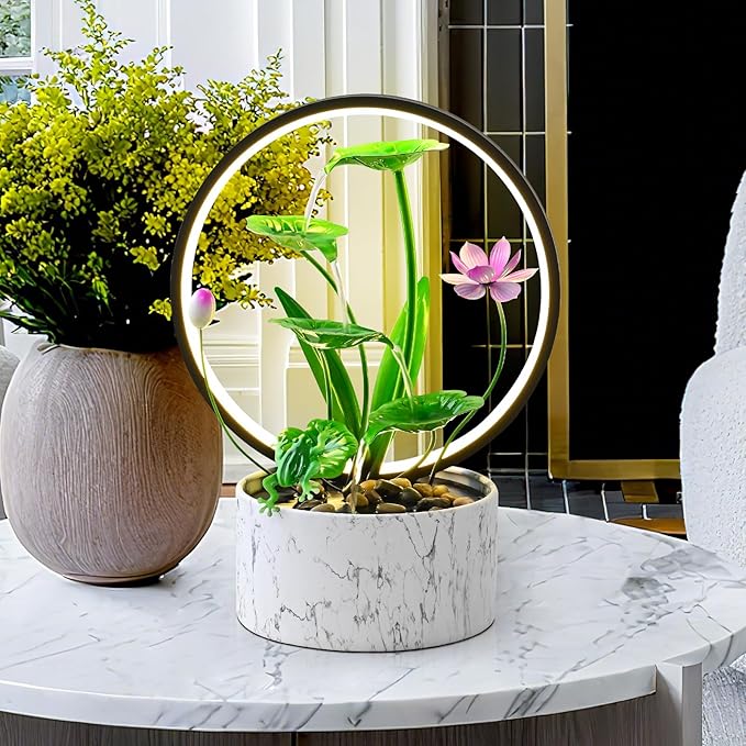 Green Desktop Waterfall Style Indoor Fountain, Medium-Sized Metal Strip LED Light Relaxation Fountain, Zen Relaxation Water Feature Fountain - Bloomnest