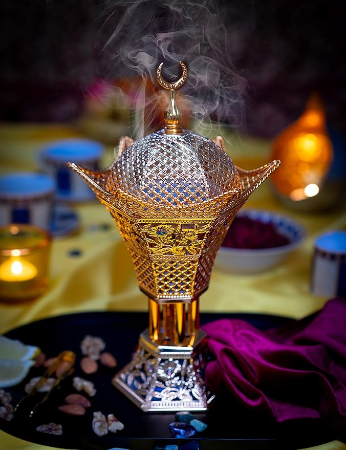 AM Bakhoor Charcoal Incense Burner – Luxury Gold Frankincense Resin Burner for Oud, Bakhoor, Incense Sticks & Cones – Decorative Metal Holder with Removable Lid & Safe Flame Control (Gold) - Bloomnest
