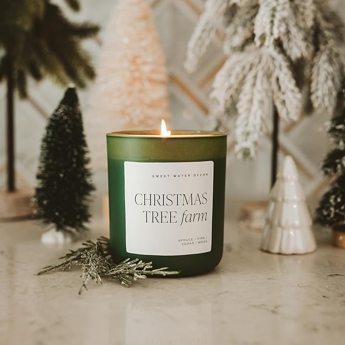 Sweet Water Decor Christmas Tree Farm Candle - Spruce, Cypress, Cedarwood, Pine Scented Candle - 15oz Green Jar, 70+ Hour Burn Time, Made in The USA - Soy Christmas Candles and Decor - Bloomnest