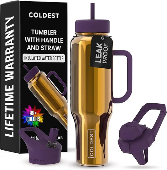 Coldest Tumbler with Handle and Straw, 100% Spill Proof Tumbler with Straw (3 Lids), Stainless Steel Insulated Leakproof Tumblers for Women & Men, Cup Holder Friendly, 46 oz (Mango Reflections) - Bloomnest