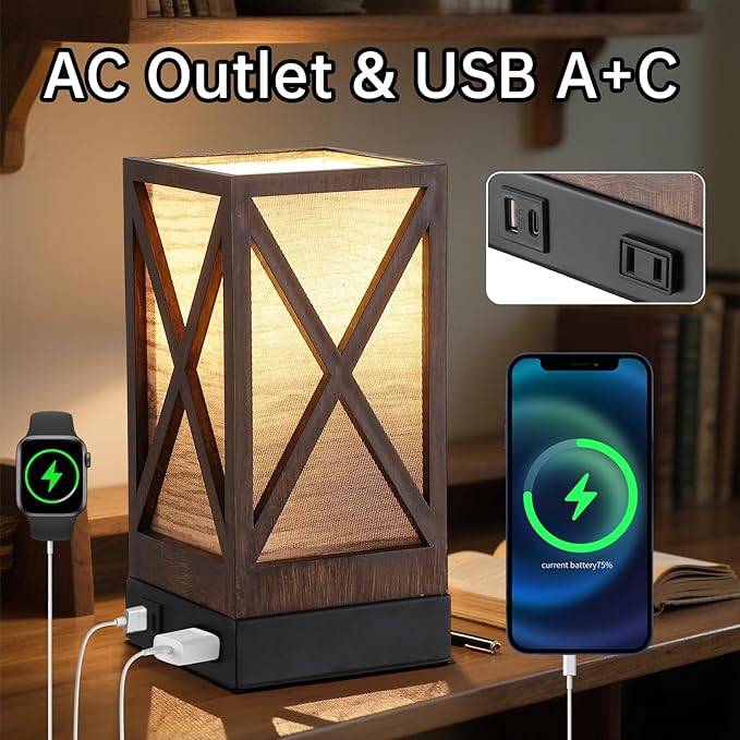 Table Lamp, Set of 2 Rustic Farmhouse Nightstand Lamps, 3 Color Temperatures Desk Lamp with USB Charging Ports AC Outlet Vintage Lamp for Living Room Bed Room, Brown Tiger Pattern - Bloomnest